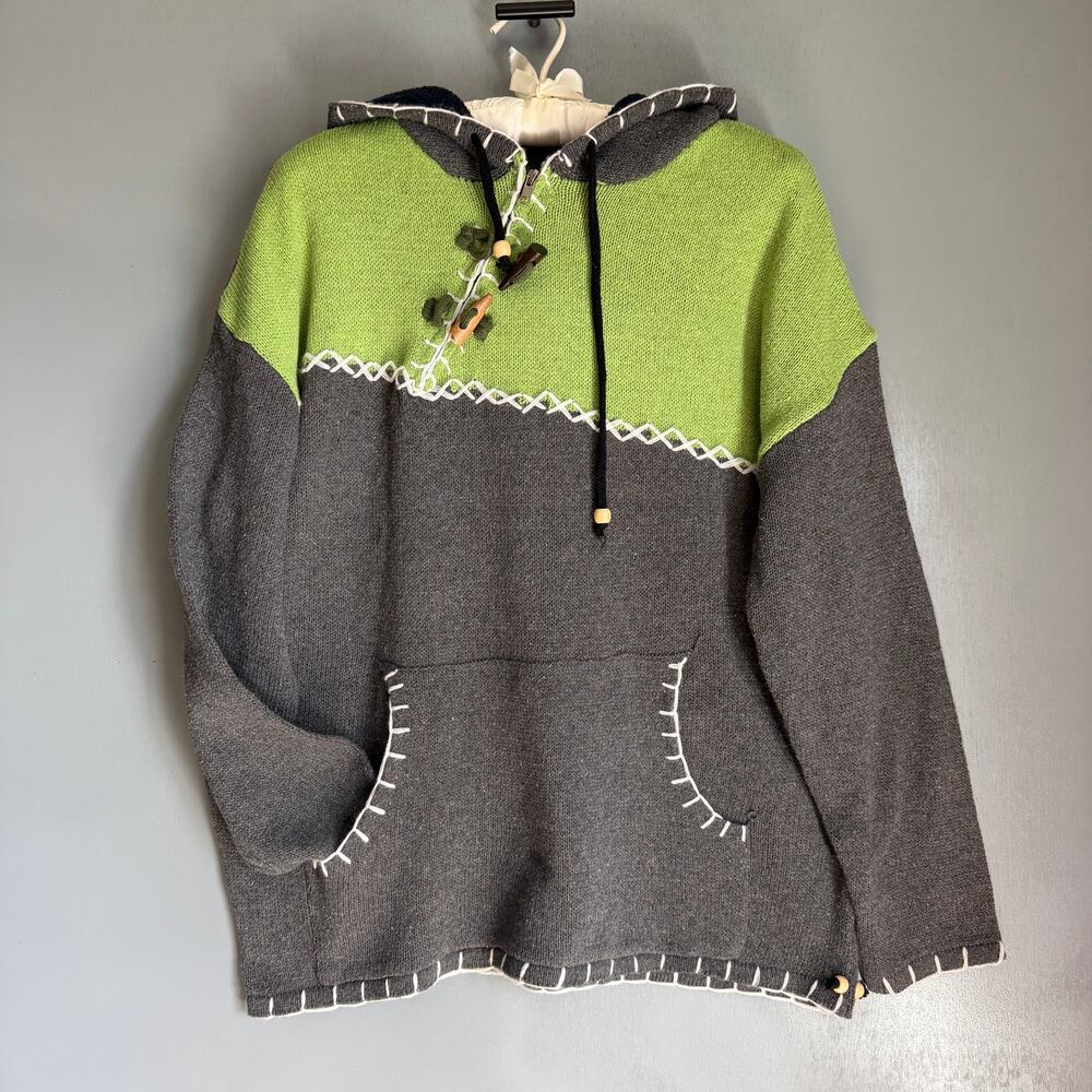 Women's Large Two Tone Grey Green Pullover Knit Stitching Unique Sweater Jumper